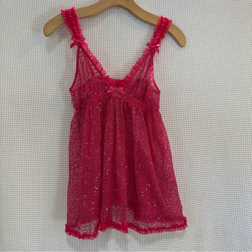 Victoria Secret Sexy Little Things Pink Sparkly Sequin Sheer Babydoll Size Small